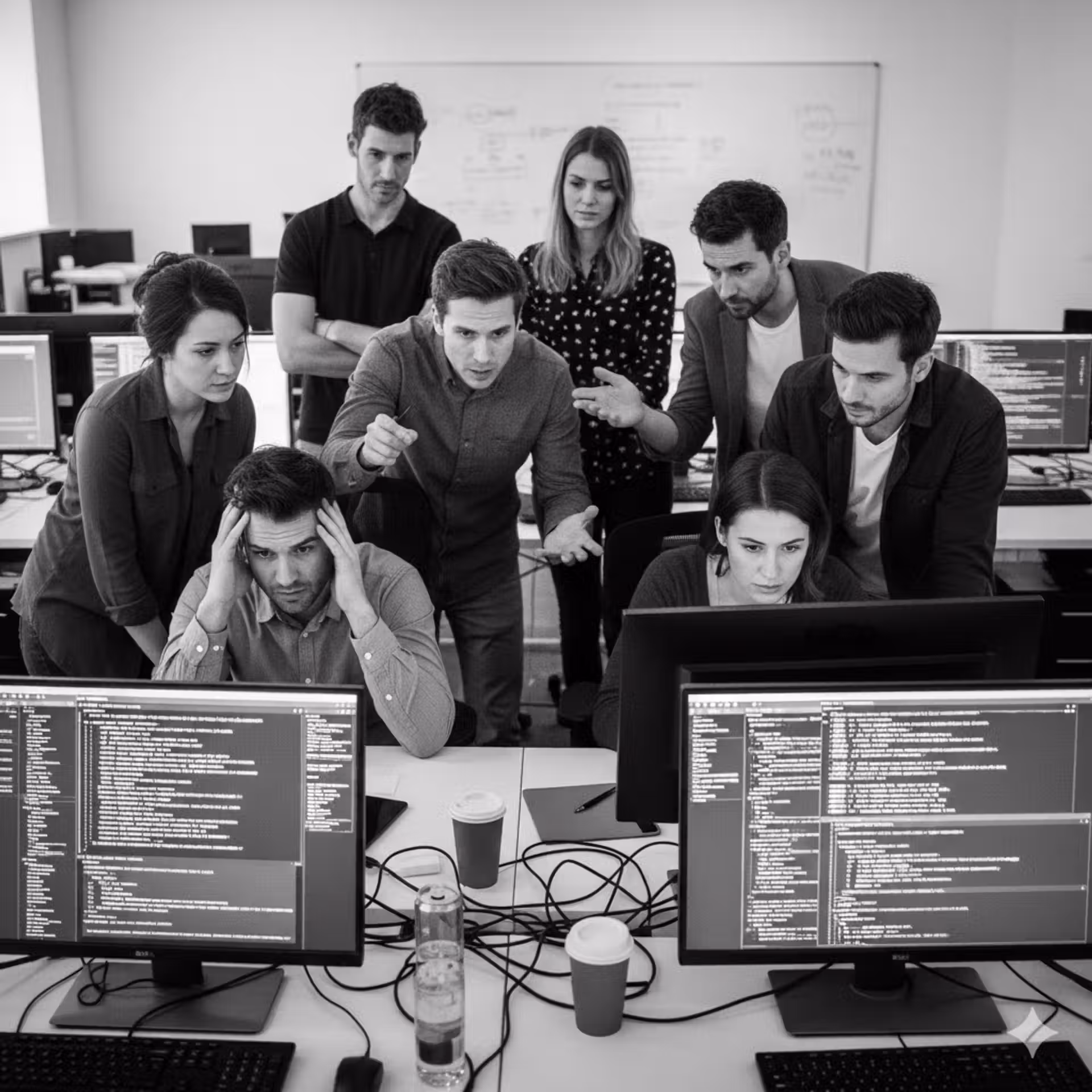 Une équipe de développeurs faisant face à un imprévu durant leur projet de code.