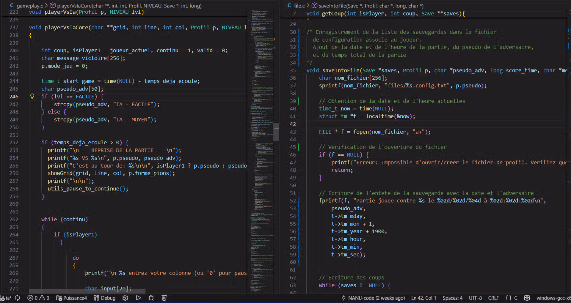 Aperçu du code commenté d'une fonction  et du code non commenté d'une autre